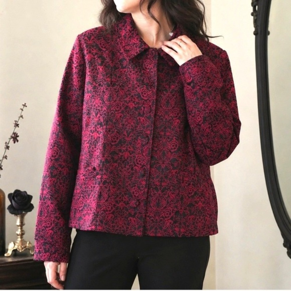 VTG Dark Romantic‎ Damask Jacket L Burgundy Black Whimsigoth Tapestry Blazer